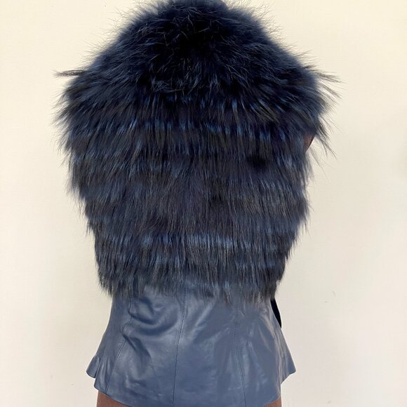 NWOT Leather Vest Navy Blue Real Fox Fur S size - Picture 6 of 16